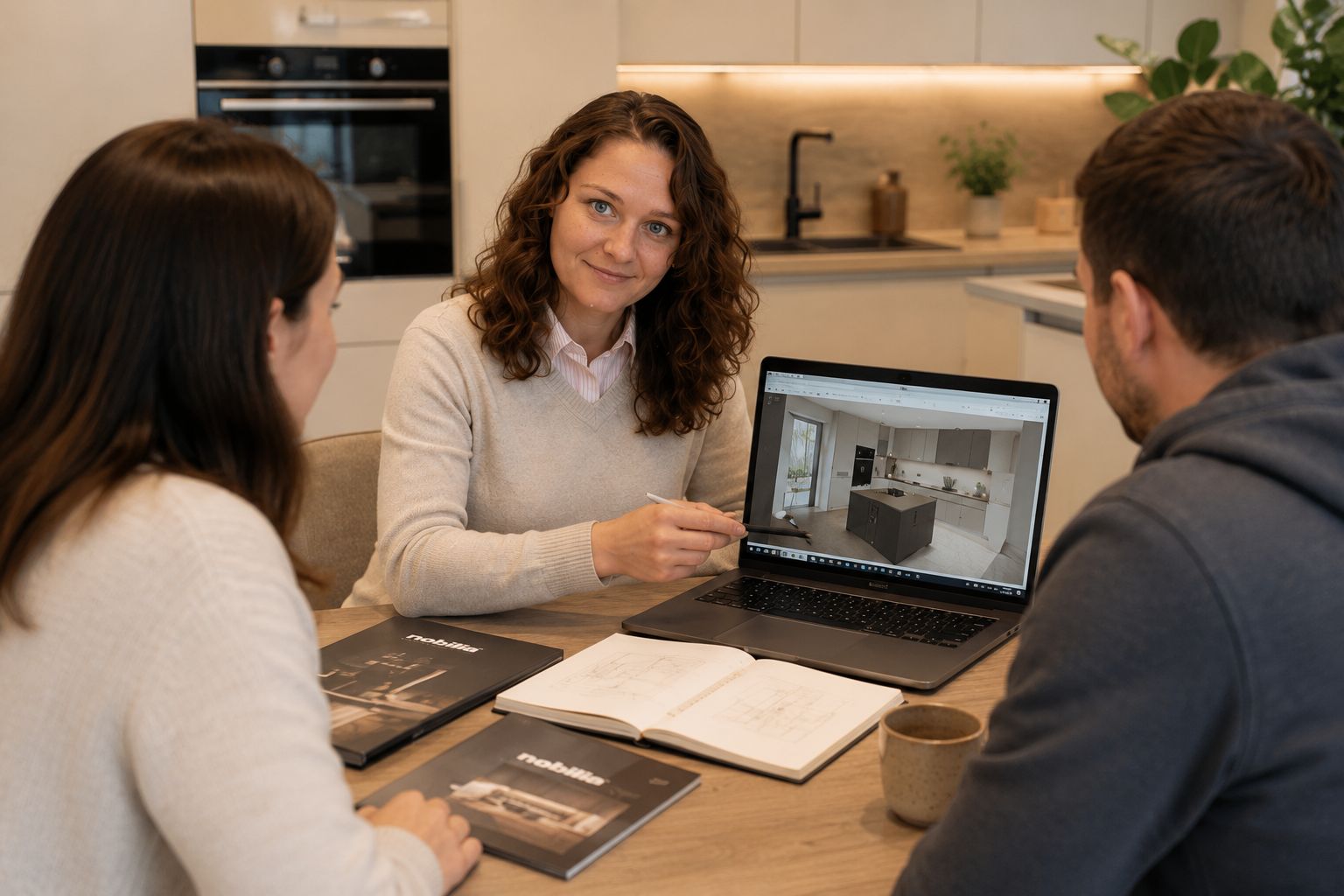 Hanna bespricht die 3D-Küchenplanung gemeinsam mit Kunden am Laptop