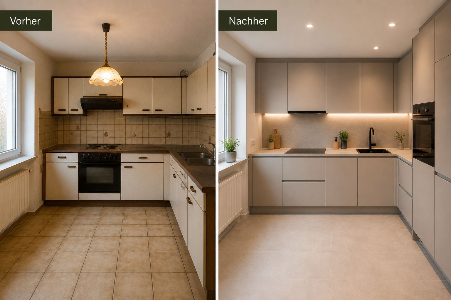 Küchenrenovierung Vorher-Nachher – helle, moderne Küche nach der Modernisierung